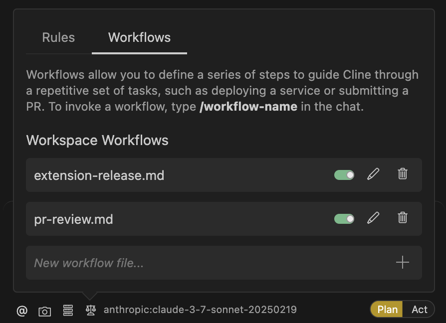 Cline 中的工作流标签页